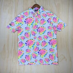 Sunday Swagger Men's Large Golf Polo Shirt White Neon Tropical Monstera Leaf